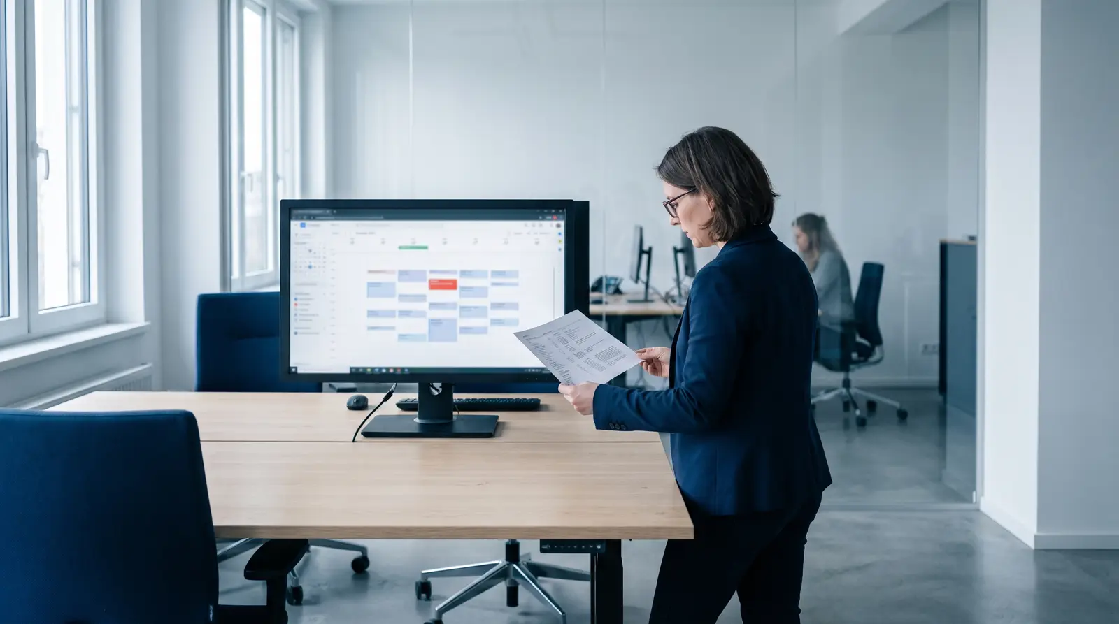 A head of sales at her desk checks a week full of meetings on the monitor and compares it with a printed briefing.